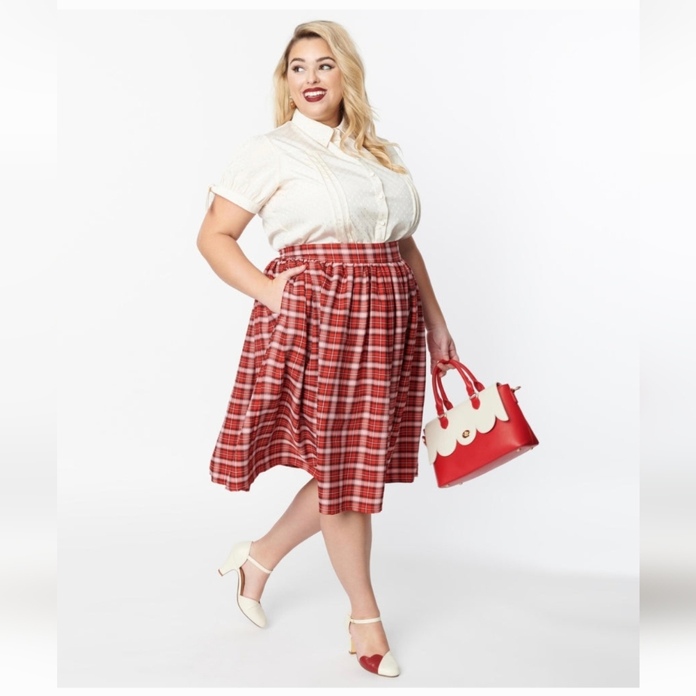Unique Vintage 1950s Red Plaid Gellar Swing Skirt